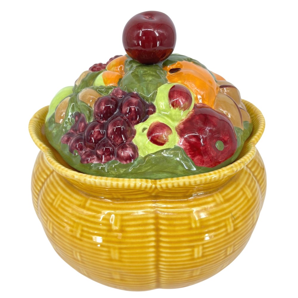 Vintage Ceramic Fruit Basketweave Cookie Jar Yellow Glazed Canister with Lid